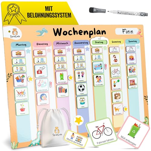 SpielLieb® Montessori Wochenplaner Kinder – Magnettafel 216 Magnete, beschreib- & abwischbar – Wochenplan Kinder ideal für Selbstständigkeit & Organisation – Wochenplaner