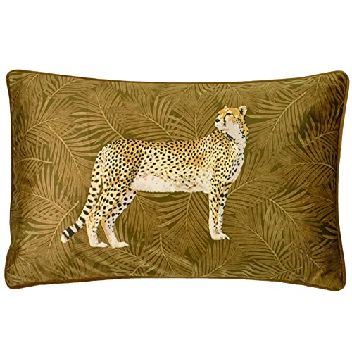 Paoletti Cheetah Forest Samt Kissenhülle – Realistisches Tier- und Blätterdesign, Weich, Strapazierfähig, Dekoratives Kissen (Gold – 50 x 30 cm)
