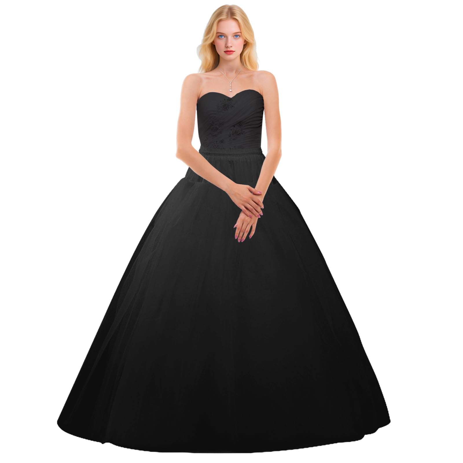 A-Line Hoopless Petticoat with 4 Layers of Floor-Length Tulle – Crinoline Underskirt Slips, Black, Large