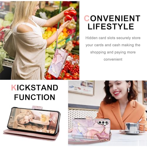 Fingic Samsung Galaxy S23 FE Case Wallet for Women Girls[with 9 Card Holders] Marble Rose Gold PU Leather Detachable Wrist Strap Fullbody Slim Shockproof Phone Case for Samsung Galaxy S23 FE,6.4