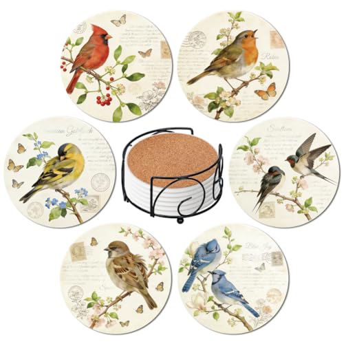 ANATTASOUL Vintage Birds Ceramic Coasters Set of 6 with Holder