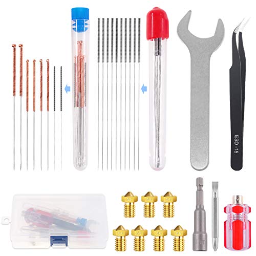 Glarks 29Pcs 3D Printer Nozzle with Nozzle and Cleaning Tool Kit, Including 0.2mm,0.3mm, 0.4mm, 0.5mm, 0.6mm, 0.8mm Extruder Head Nozzle, Cleaning Needle, Nozzle Change Tool, Tweezer