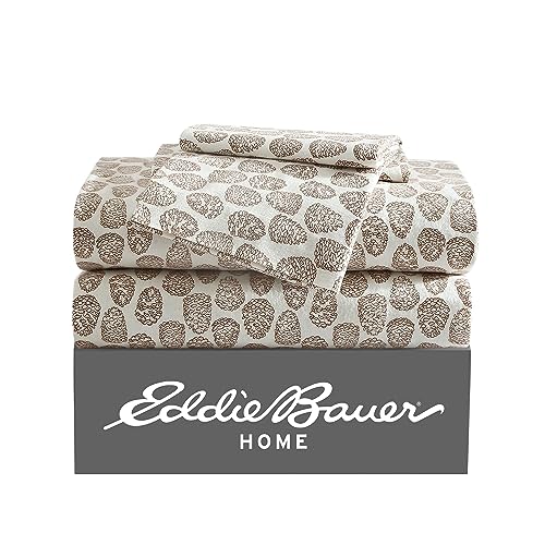 Eddie Bauer - Flannel Sheets King Size, Anti-Pilling & Wrinkle Resistant Cotton, Bed Sheets with Matching Pillowcases & Fitted Sheet (Little Creek Pine Cone Beige)