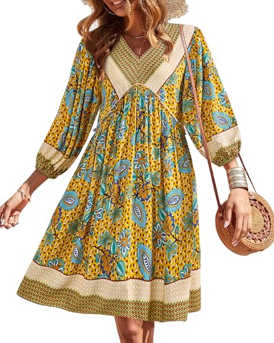 Image of BTFBM Women Casual Spring Summer Dresses V Neck 3 /4 Long Sleeve Ruffle Floral Flowy Boho Babydoll Mini Short Beach Dress