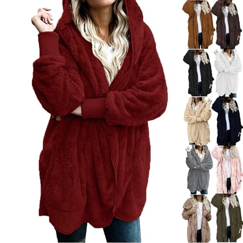Teddy Bear Jacket for Women Open Front Cardigan Warm Faux Fur Jacket with Hood Ladies Winter Long Fleece Coat with Pockets