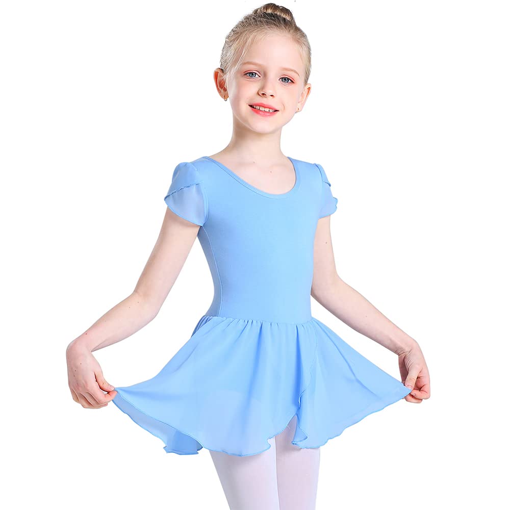 Ballettkleidung Mädchen Ballettkleid Kurzarm Tanzkleid Balletttrikot aus Baumwolle mit Chiffon Rock Tütü 2-11Jahre 90-150 cm
