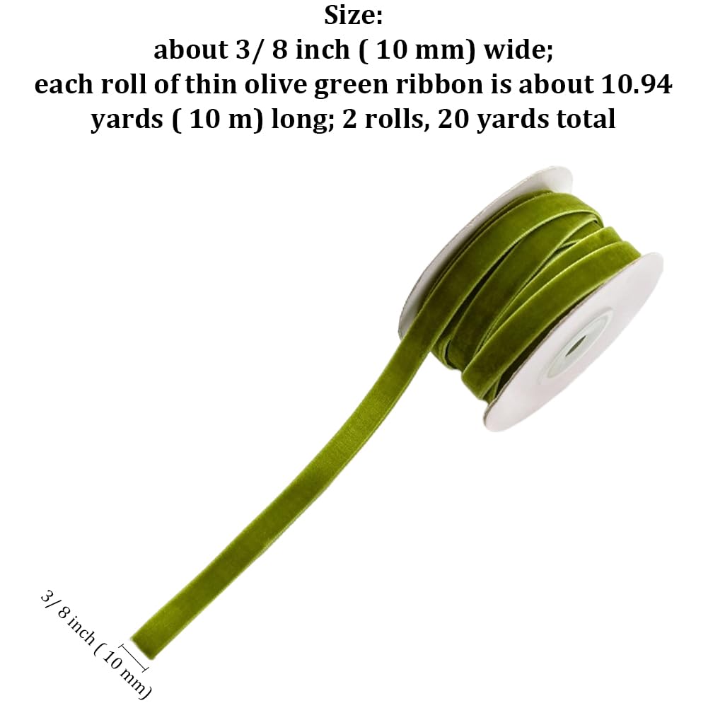 CABODYALS 2 Roll 20M 10mm Olive Green Velvet Ribbon Vintage Thin Single Face Soild Crushed Velvet Fabric Soft Ribbons Bundle Rolls with Spool for Christmas Tree Bridal Favors Invitations Craft DIY - Image 2