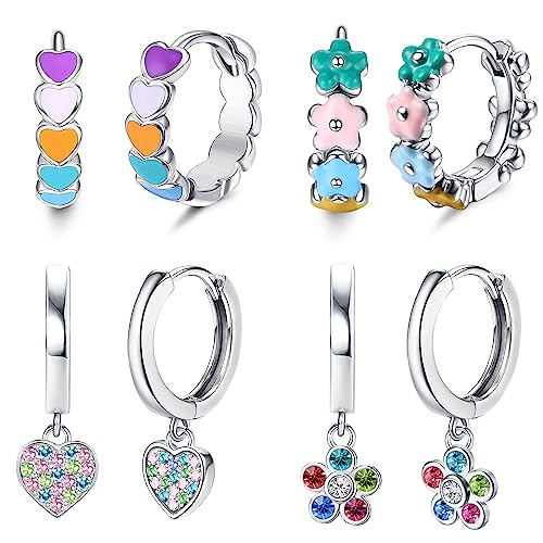 Florideco Hypoallergenic Small Hoop Earrings for Girls Women S925 Silver Needle Toddler Earrings Girls Hoop Earrings Dangling Huggie Teens Earrings Set for Sensitive Ears(over 4 years old)