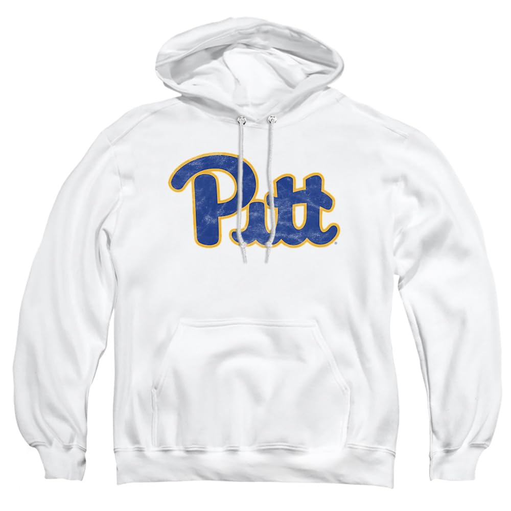 University of Pittsburgh Official Distressed Primary Logo Unisex Adult Pull-Over Hoodie,White, Large