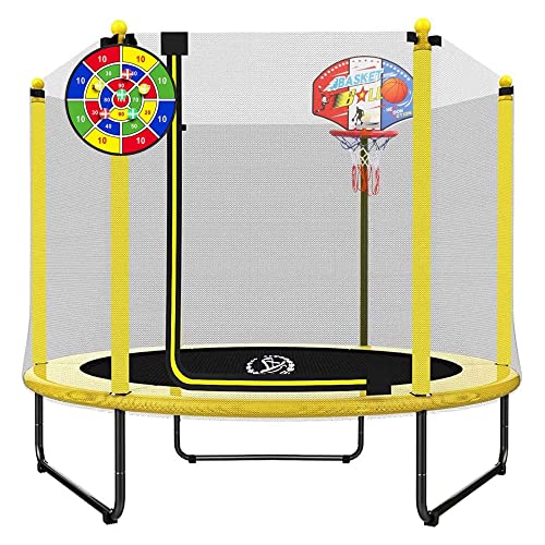 LANGXUN 60" Trampoline for Kids, 5ft Toddler Mini 6-in-1 Trampoline Indoor Outdoor with Swing, Basketball Hoop, Dart Board, Gymnastics Bar, Rings, Chr