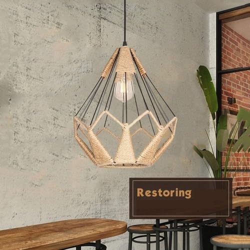 Lampe suspendue rustique en fer forg&eacute; et v&eacute;ritable corde de chanvre tress&eacute;e - 4