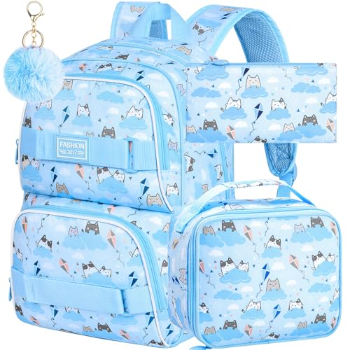 KLFVB Backpack for Girls, 17' Cute Cloud Cat Bookbag, Water-Resistant College School Backpacks for Women & Teens (Middle/Primary Students) - Cat Blue