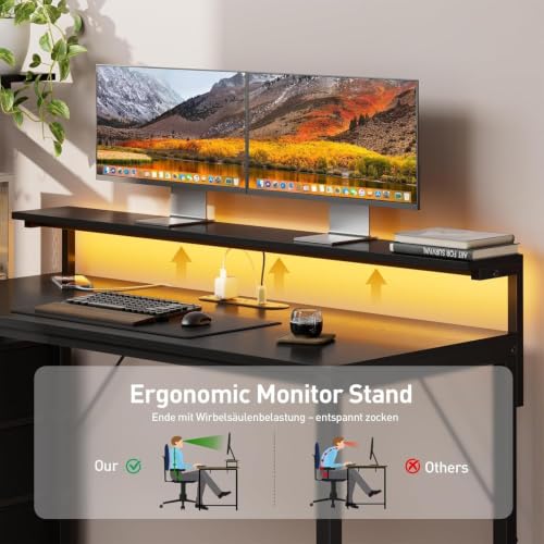 Image of HLDIRECT 60 Inch Gaming Desk with Power Outlets & LED Lights, Black