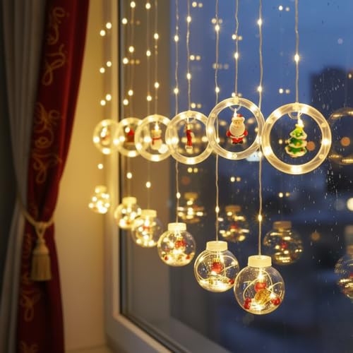 Image of HashWOW LED Curtain String Light Plastic Ring & Wishing Ball, Warm White Window Curtain Lights with 8 Flashing Modes Decoration for Christmas Party, New Year Home Decor, Patio Lawn (Plug Powered)