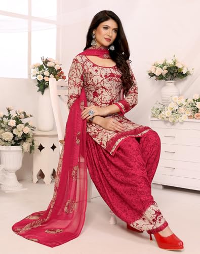 Image of Yashika Women's Printed Dress Material - Unstitched Crepe Fabric Kurti, Pants & Dupatta Set