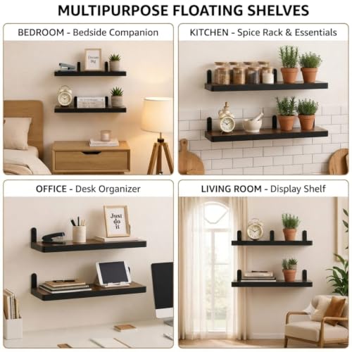 Image of Engineered Wood Floating Wall Shelves Pack of 2, Black 14x4 Inch Wooden Display Rack for Living Room, Bedroom, Kitchen, Office, Wall Mounted Bookshelf & Decorative Shelf