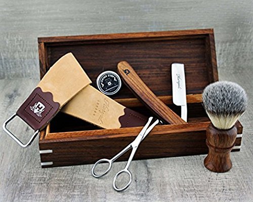 Haryali London, Klassisches Rasiermesser Set mit Lederriemen & Holzbox – Barbier Rasierset für Herren – Traditionelle Nassrasur – Vintage Rasierset mit Rasierpinsel & Zubehör