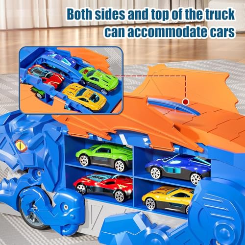 Image of Dinosaur Planet Transporter Truck Toy with Track | Push & Go Dinosaur Car Carrier with 2 Die-Cast Cars | Convertible Race Track Playset | Toy Gift for Boys & Girls Ages 3-6 Year