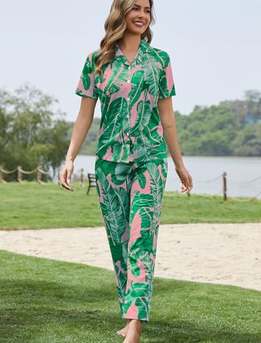 Image of SWOMOG Women Pajama Set 2 Piece Button Down Pajamas Short Sleeve Lounge Sets with Long Pants Soft Sleepwear with Pockets