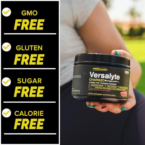 Image of PEScience Versalyte Charged, Electrolyte Powder with Caffeine, Sugar Free, Hydration Powder Plus Energy for Hybrid Training - Sour Watermelon Candy, 30 Servings