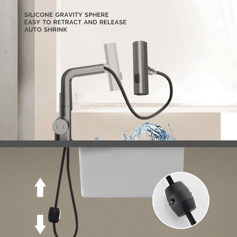 Smart - Grifo LED para fregadero de cocina, boquilla extraíble de 3 funciones, mango único de latón, pantalla de temperatura, elegante acabado plateado para cocinas modernas y fácil instalación