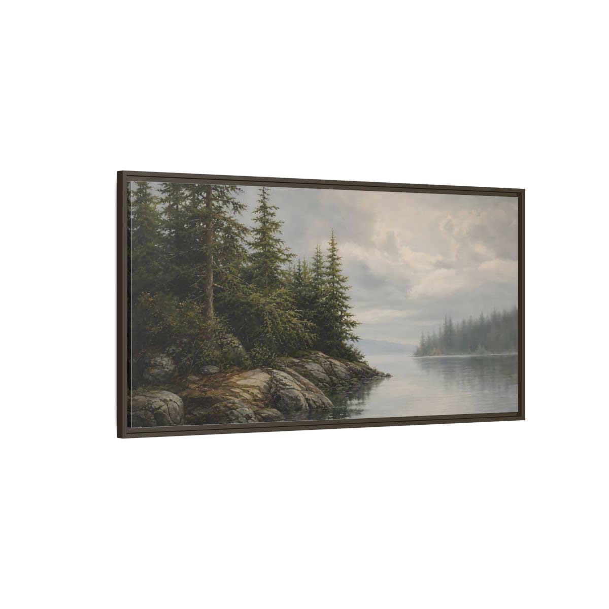 Misty Pine Shoreline Framed Canvas Print – Living Room, Above Sofa 48×24 inch (120×60 cm) - Horizontal/Espresso / 1.25 inch (3 cm)