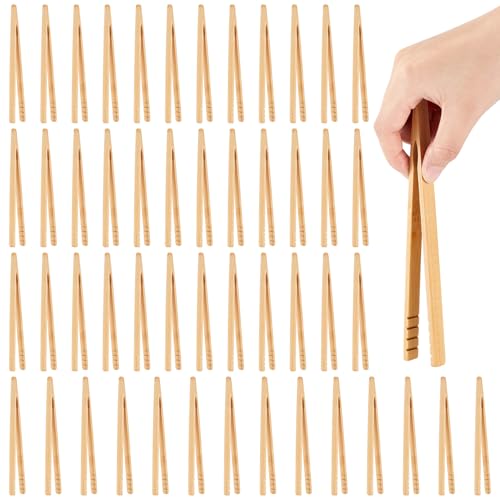 Teenyyou 50 Pcs Bamboo Toast Tongs 7 Inch Wood Kitchen Utensil Toaster Tongs for Cooking Catering Buffet Appetizer Wedding Party Supplies