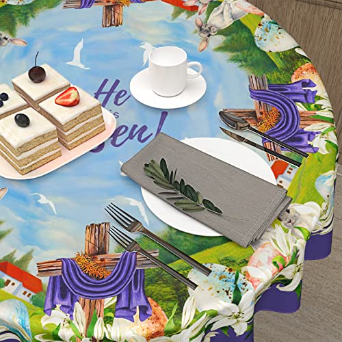 Giwawa Easter Tablecloth Round 60 Inch, He Is Risen Decorative Table Cloth Table Cover For Circular Table Dining Easter Cross Decorations For Home, Farmhouse Holidays Party Dinner Indoor Outdoor #TOP4