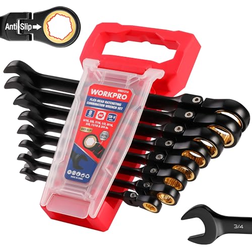 WORKPRO 8-Piece SAE Flex Head Ratcheting Wrench Set | 72-tooth ratchet, 180° flex head, forged Cr-V steel, SAE 5/16'-3/4', rack organizer included, for auto, garage, and DIY