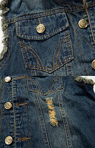 Image of ebossy Men's Ripped Distressed Denim Vest Sleeveless Button Up Jean Vest Jacket (Large, Dark Blue)