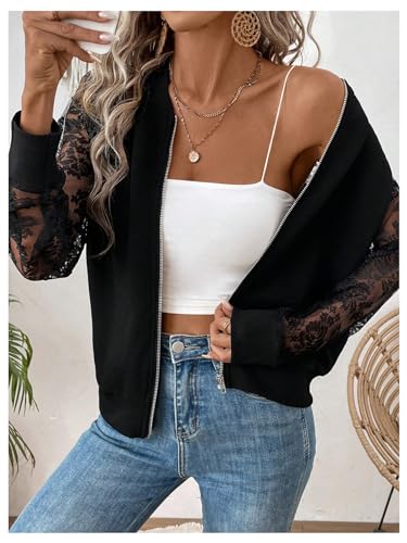 Verdusa Women Bomber Jacket Lightweight Contrast Lace Zip Up Tops Raglan Long Sleeve Fall Outerwear4