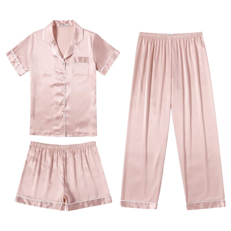 Image of Ekouaer Silk Pajamas for Women Set Satin Soft Short Sleeve Button Down Pjs | 3 Piece Loungewear,Comfy Sleepwear,Silky Smooth Fabric,Gift for wedding,Bridal Party,Coffee Time,Vacation
