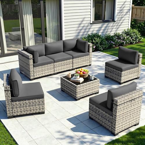 Image of Outdoor PE Wicker Rattan Modular Patio Sectional Sofa Set | 7-Piece: 6 Modular Seats & Coffee Table with Thick Cushions, Black
