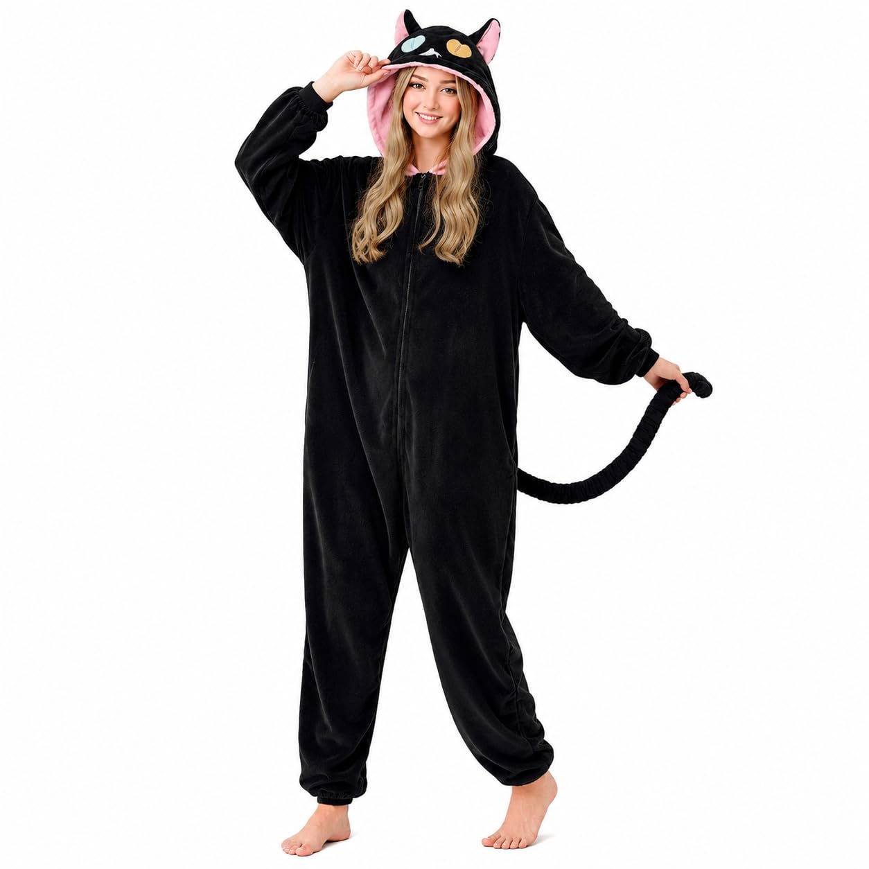 Onesie - Disfraz de gato unisex para adultos, mono de gato de una pieza, pijama con capucha, para Halloween y carnaval