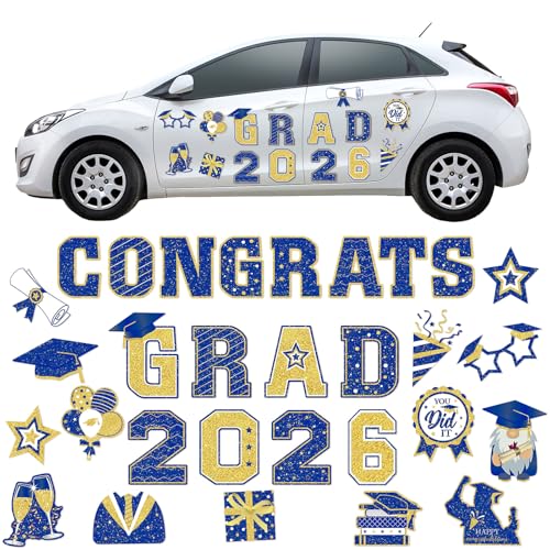 Image of Landhoow 30 Pcs Graduation Car Magnets 2026 Senior Graduation Car Decoration Bumper Sticker Congrats Grad Magnet Magnetic Refrigerator Decal for Grad Parade Party Supplies(Blue, Gold)