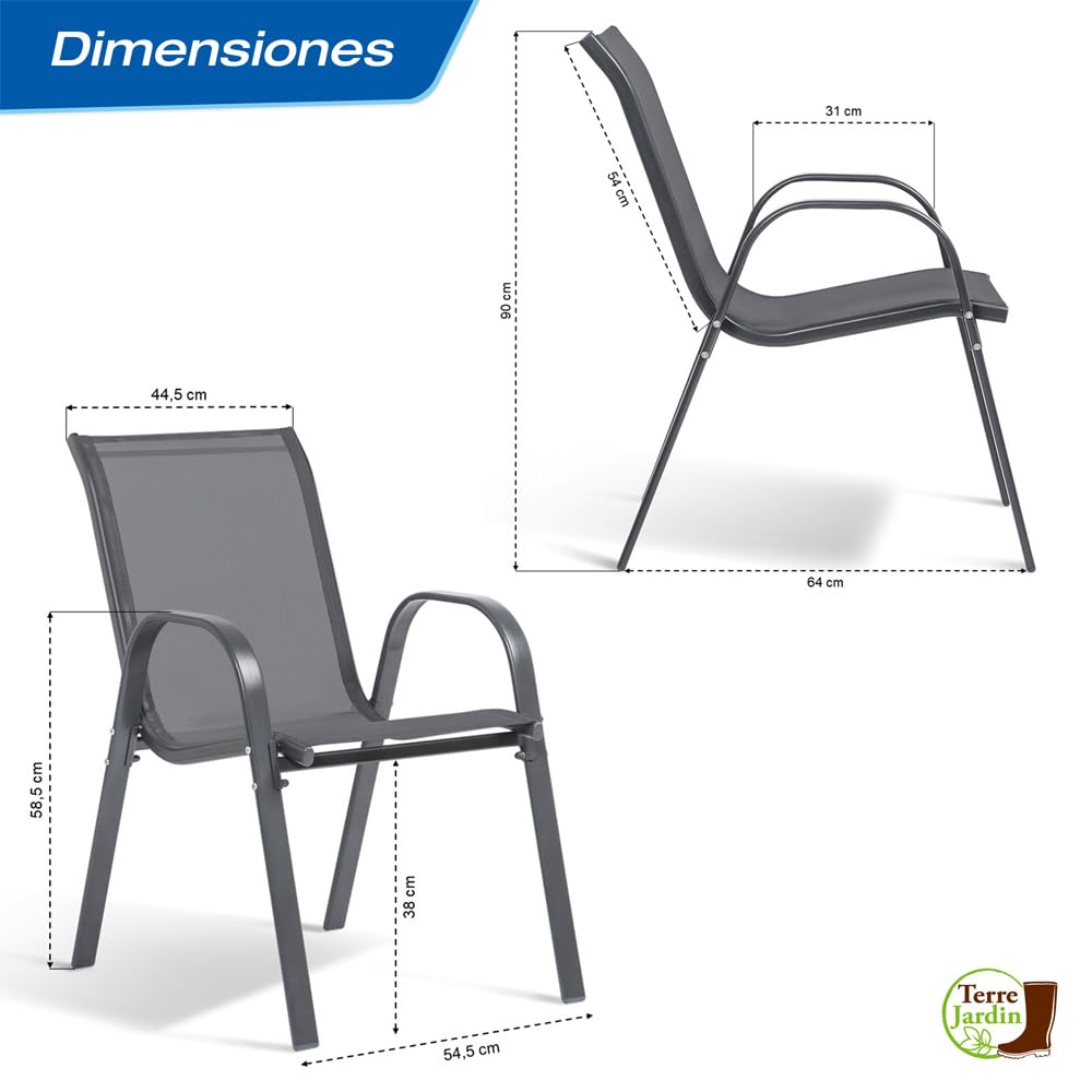 TERRE JARDIN Pack de 4 Sillas de Jardín de Textileno Gris - Sillas de Exterior Apilables con Reposabrazos - Resistentes al Sol y a la Intemperie para Terraza y Balcón