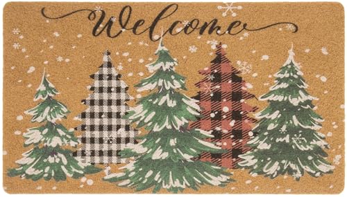 INOGIH Winter Xmas Welcome-Doormat Snowflake Pine Tree Artificial-Coir Door Mat with Backing Anti-Slip Holiday Home Decor 17x29 inch
