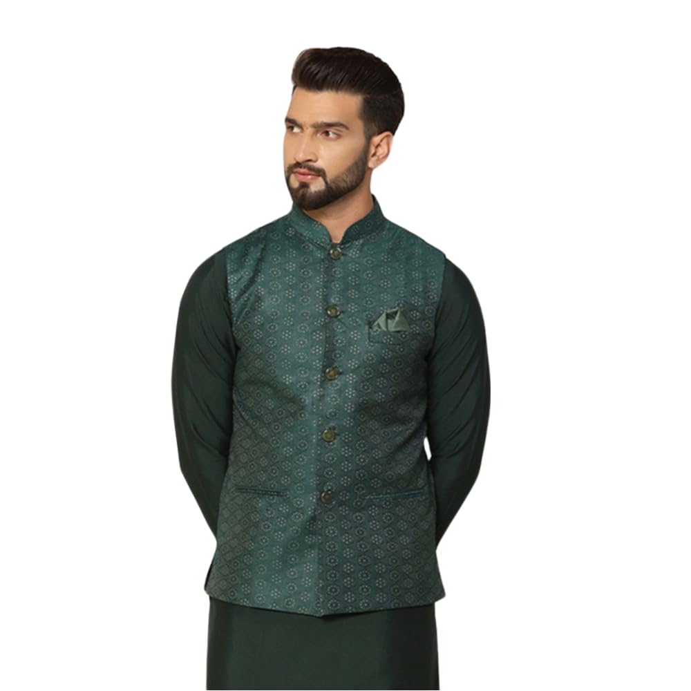 kisah Men's Nehru Jacket, Green Silk Blend, Woven Design Mandarin Collar Regular Fit Sleeveless-picture-15