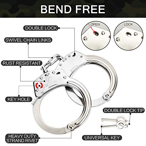TacStealth Handcuffs with Two Keys & Handcuffs Case| Heavy Duty Silver Steal Professional Grade | Bend/Break Free Secure Restraint