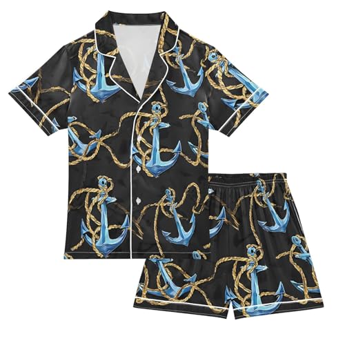ALAZA Blue Anchor Black Satin Pajamas Set Short Sleeve Button Down Sleepwear Summer Pjs 2 Piece