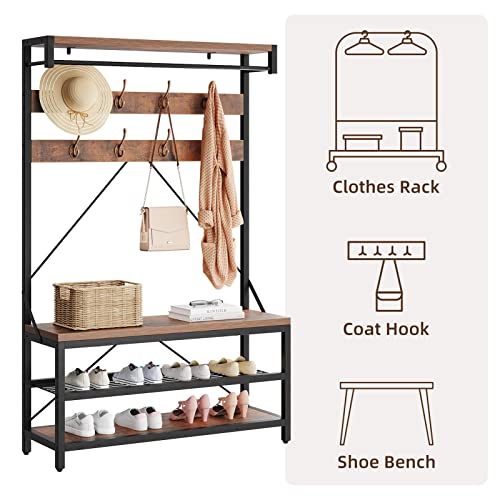 IDEALHOUSE Coat Rack Shoe Bench Industrial Hall Tree Storage Bench for Entryway, Wood Look Accent Large Shoe Rack with Storage Shelf Hanging Bar,8 Hooks Rustic Brown 39.9"x15.7"x72"
