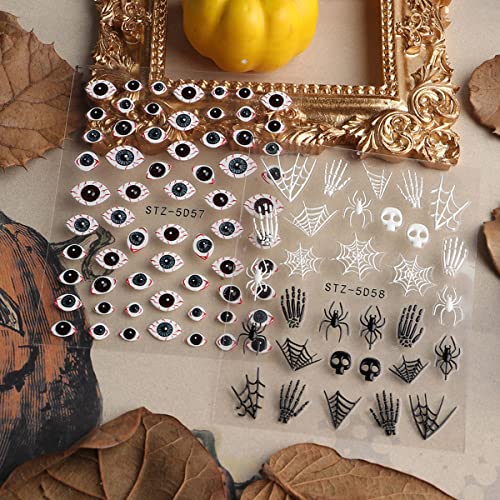 Halloween Nail Art Sticker Decals 5D Stereoscopic Embossed Terror Eyeball Skull Spider Pumpkin Realistic Design Nail Art Supplies Acrylic Nail Decoration For Women And Girls Nail Accessories 4 Sheets #TOP1