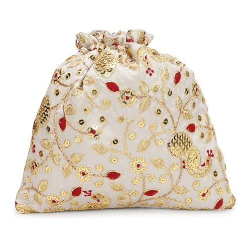 Image of LONGING TO BUY Indian Embroidered Pearl Potli Bag For Women, Sequence Design with Tassel, Wedding Potli Bags