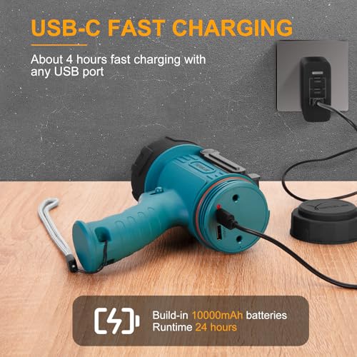 YIERBLUE Rechargeable Spotlight Flashlight IP67 Waterproof with 200,000 Lumen LED, 12 Hours Long Running Spot Light, Impact Resistant Handheld Spotlight with Foldable Stand Red Lens - Image 6