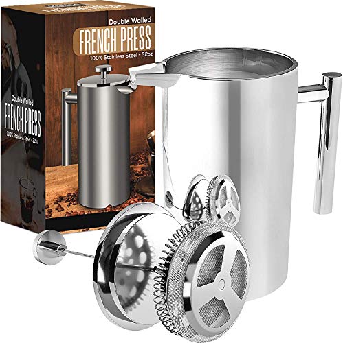 KICHLY (1L / 1000 ml 32 oz) 8 tazas Cafetera Francesa Doble Pared - espresso y tetera Acero inoxidable