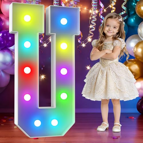 Image of 3FT Colorful Marquee Letters,18-Color Letter U with Remote Control Large Light Up Numbers Sign,Pre-Cut Foam Board Set for Party Decoration, Birthdays, Weddings, Graduations, Baby Anniversaries