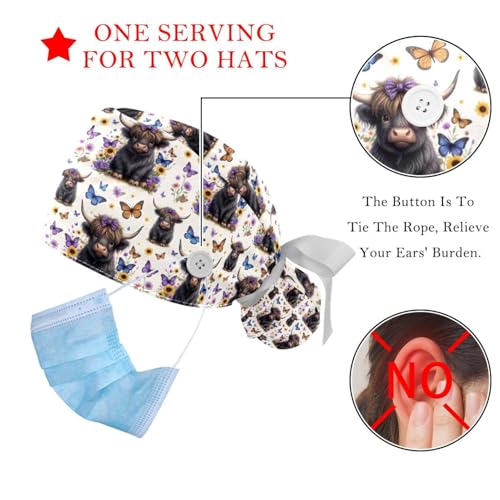 Image of 2 PCS Bouffant Cap with Button Ponytail Pouch Working Cap Sweatband Adjustable Surgical Cap Black and White Cow
