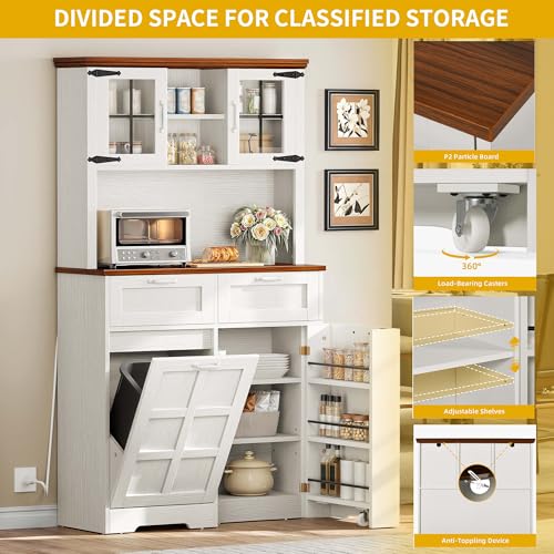 DWVO Kitchen Pantry Cabinet, 70" Tall Farmhouse Freestanding Kitchen Storage Cabinets with 10 Gallon Tilt-Out Trash Can Cabinet,2 Drawers, Microwave Coffee Bar for Living & Dining Room, White Walnut
