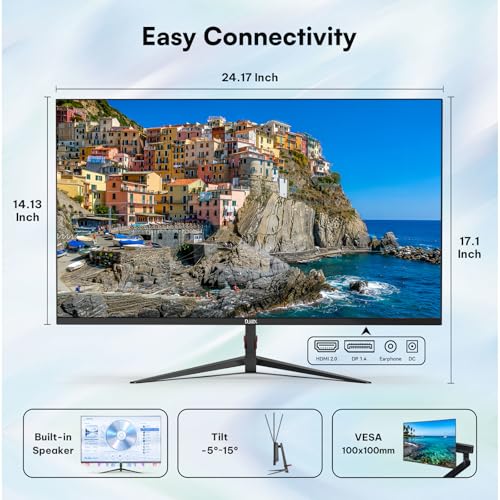 Image of 27 Inch Monitor, FHD 1080P Computer Monitor 100Hz, Built-in Speaker PC Monitor, 99% sRGB, Low Blue Light Eye Care, FreeSync, Frameless Display, HDMI /DP, VESA Wall Mountable for Work, Home Office