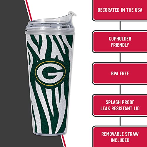 Image of Rico Industries NFL Football Glitter 24oz Acrylic Glitter Tumbler with Hinged Lid, Officially Licensed Double Wall Tumbler with Straw